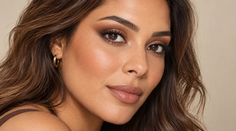 Mulher brasileira com maquiagem marrom esfumada, sombras em tons de chocolate e acabamento suave nos olhos.