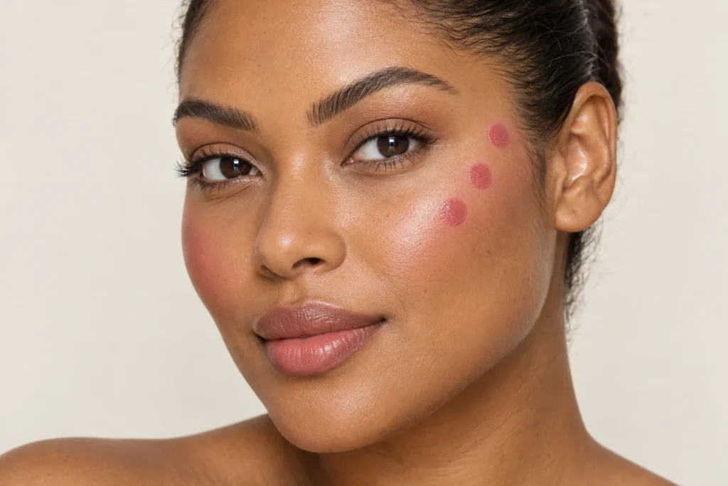 pontos de blush cremoso posicionados da bochecha até a têmpora