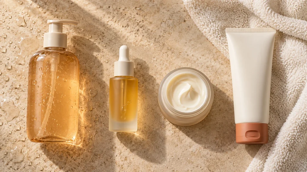 produtos de bodycare organizados na ordem da rotina de skincare corporal