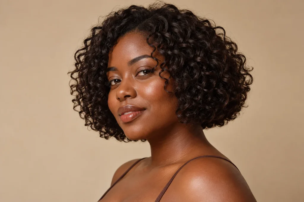 Mulher negra brasileira com pageboy bob cacheado, volumoso e arredondado.