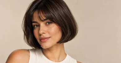 Mulher brasileira com pageboy bob castanho-escuro arredondado e franja suave.