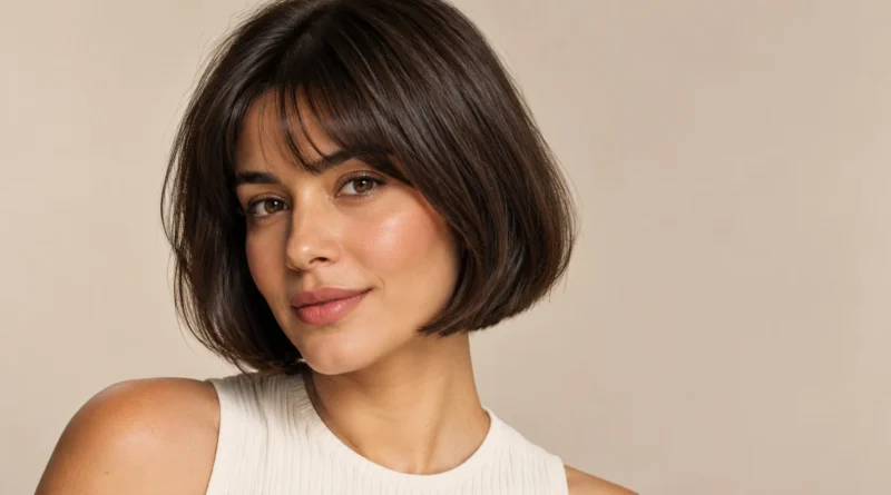 Mulher brasileira com pageboy bob castanho-escuro arredondado e franja suave.