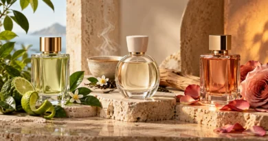 frascos de perfume funcional representando energia, conforto e confiança