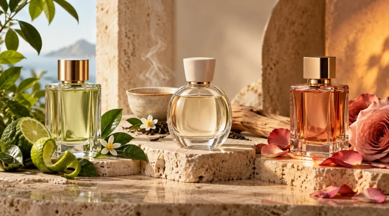frascos de perfume funcional representando energia, conforto e confiança