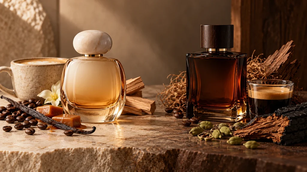 Perfume com notas de café ficou mais tostado, menos doce e muito mais sofisticado Comparação entre perfume de café cremoso e perfume de café seco e amadeirado
