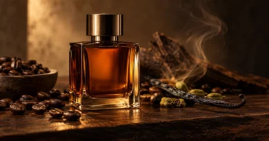 Frasco de perfume com café torrado, baunilha e madeiras escuras