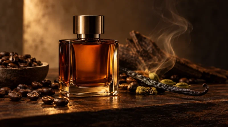 Frasco de perfume com café torrado, baunilha e madeiras escuras