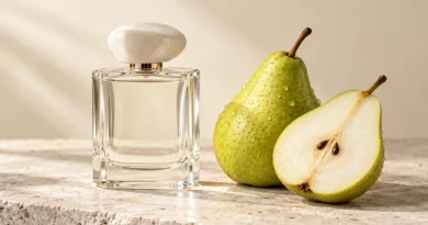 Perfume de pera: como a nota frutada pode ser fresca, floral ou gourmand Frasco de perfume transparente ao lado de uma pera verde inteira e outra cortada.