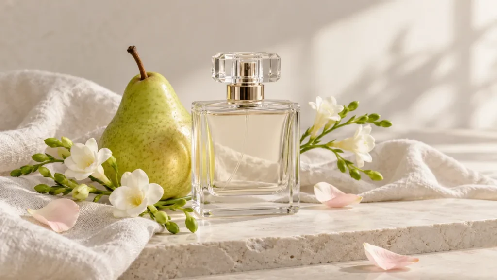 Frasco de perfume com pera, flores brancas de frésia e pétalas rosadas.