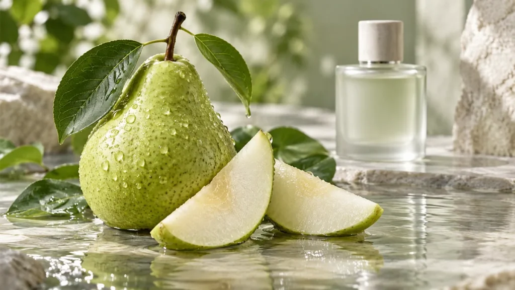Pera verde com folhas, gotas de água, fatias da fruta e frasco de perfume fosco.