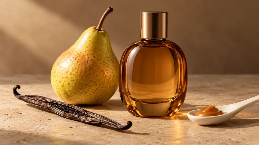 Frasco de perfume âmbar com pera madura, fava de baunilha e caramelo.