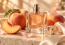 frasco de perfume sem marca entre pêssegos frescos em composição editorial elegante