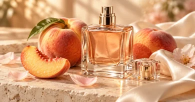 frasco de perfume sem marca entre pêssegos frescos em composição editorial elegante