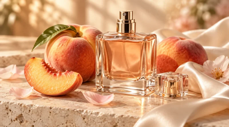 frasco de perfume sem marca entre pêssegos frescos em composição editorial elegante