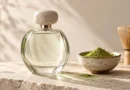 Perfume de matchá: como é o cheiro da tendência da perfumaria? Frasco de perfume ao lado de matchá em pó e utensílios tradicionais de preparo do chá.