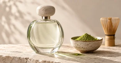 Frasco de perfume ao lado de matchá em pó e utensílios tradicionais de preparo do chá.