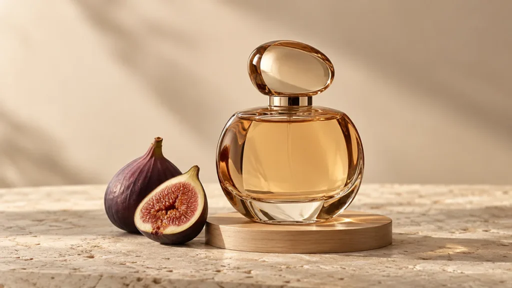 Perfume acompanhado de figos e madeira, representando uma interpretação cremosa e amadeirada do matchá.