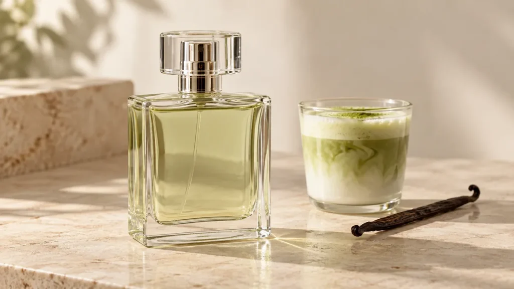 Matcha latte cremoso ao lado de um frasco de perfume e baunilha, ilustrando fragrâncias gourmand.