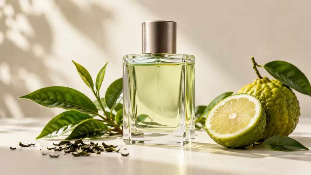 Frasco de perfume com folhas verdes e bergamota, representando o aroma fresco do matchá.
