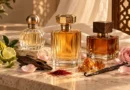 Frascos de perfumes árabes sem marca cercados por rosa, baunilha, açafrão, bergamota, madeira e resinas.