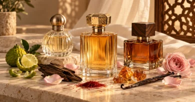 Frascos de perfumes árabes sem marca cercados por rosa, baunilha, açafrão, bergamota, madeira e resinas.
