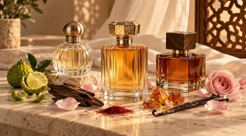 Frascos de perfumes árabes sem marca cercados por rosa, baunilha, açafrão, bergamota, madeira e resinas.