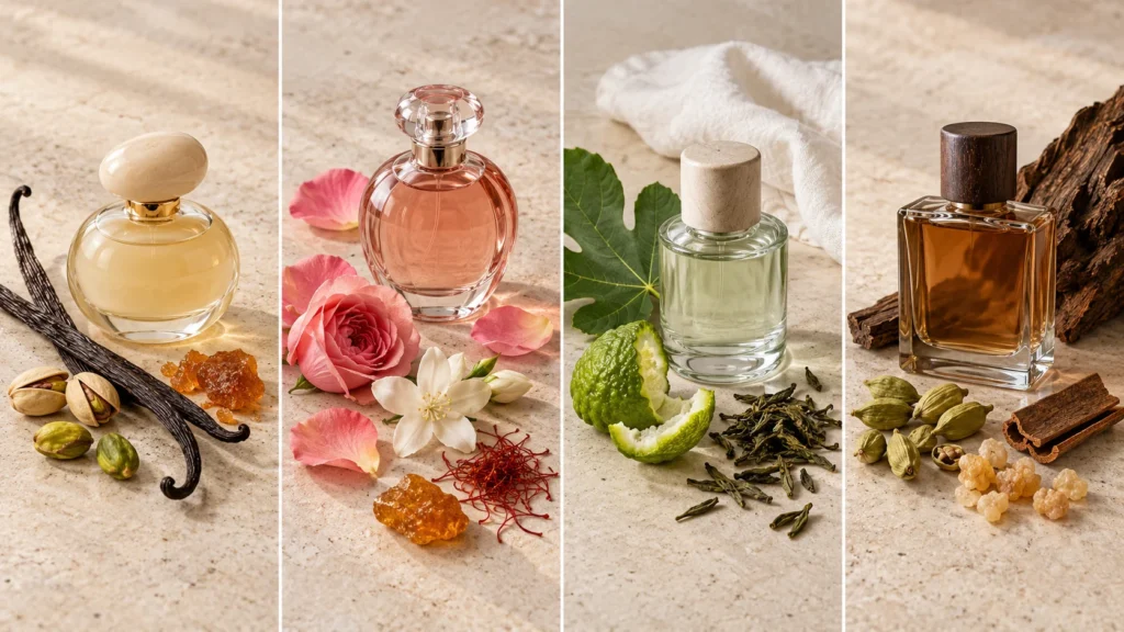 Quatro perfis de perfumes árabes representados por ingredientes gourmand, florais, frescos e amadeirados.