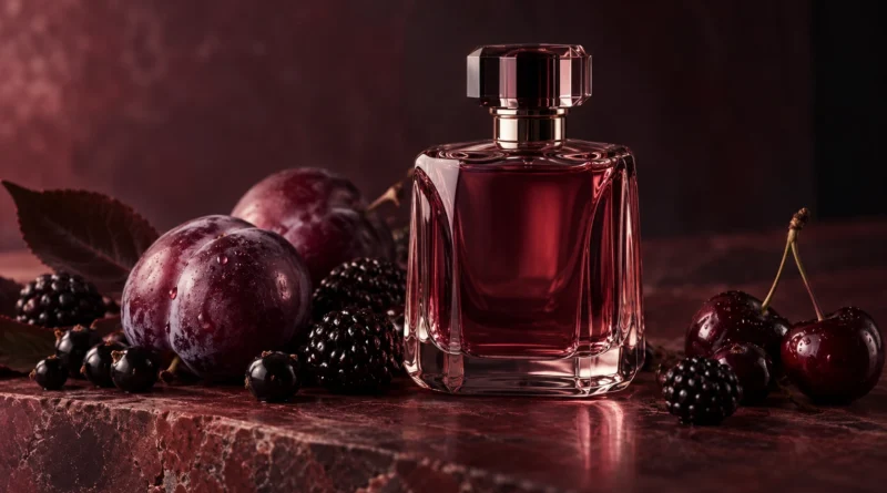 perfume de frutas escuras com ameixa, amora, cereja-negra e cassis