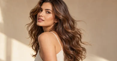 Mulher com permanente suave, ondas naturais e movimento no cabelo