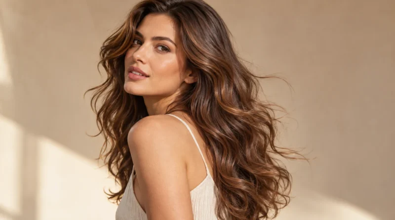Mulher com permanente suave, ondas naturais e movimento no cabelo