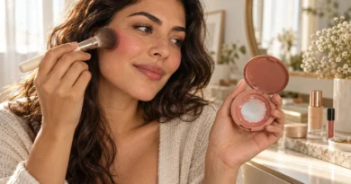 mulher usando blush até aparecer o fundo da embalagem durante um Project Pan