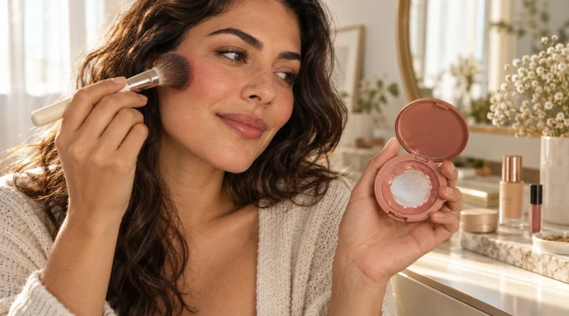 mulher usando blush até aparecer o fundo da embalagem durante um Project Pan