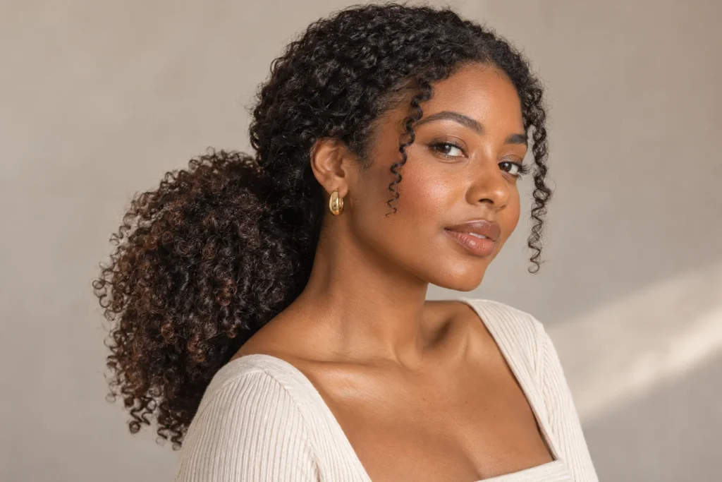 mulher com cabelo cacheado usando rabo de cavalo baixo e volumoso
