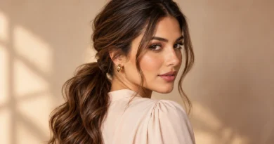mulher usando rabo de cavalo baixo romântico com ondas e mechas soltas