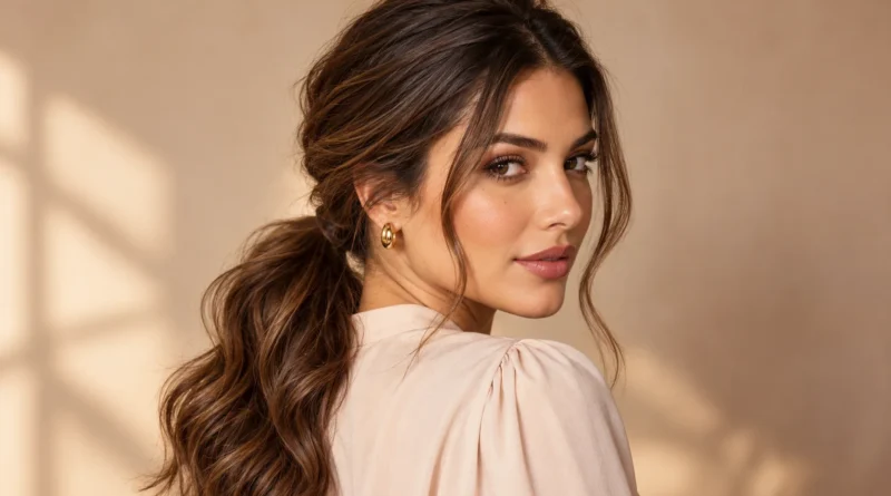 mulher usando rabo de cavalo baixo romântico com ondas e mechas soltas