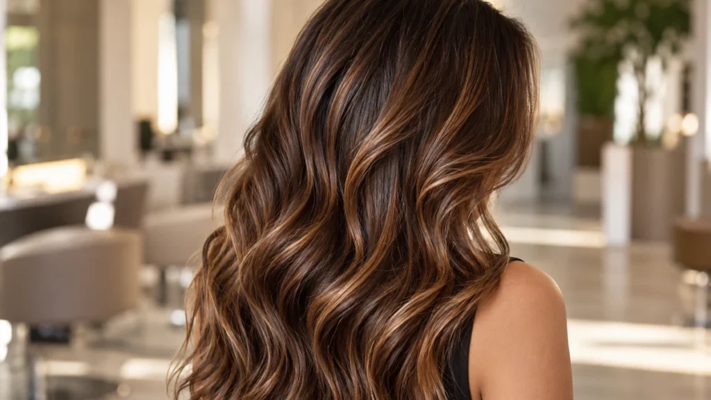 Cabelo castanho com reflexos canela, acobreados e dourados distribuídos pelo comprimento.