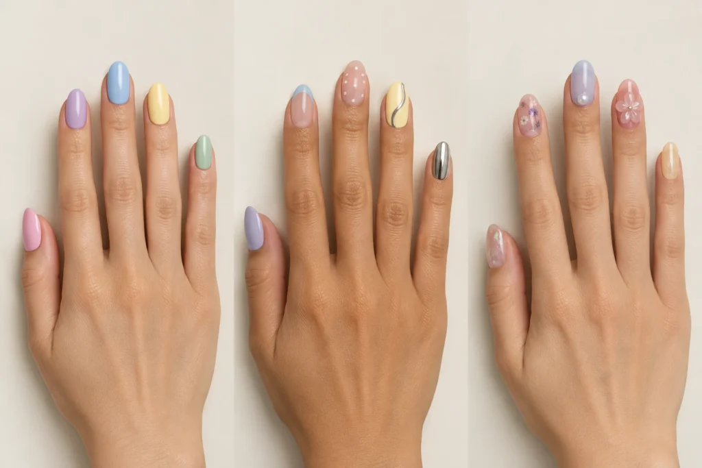 Comparação entre skittle nails, manicure pick-and-mix e omakase nails