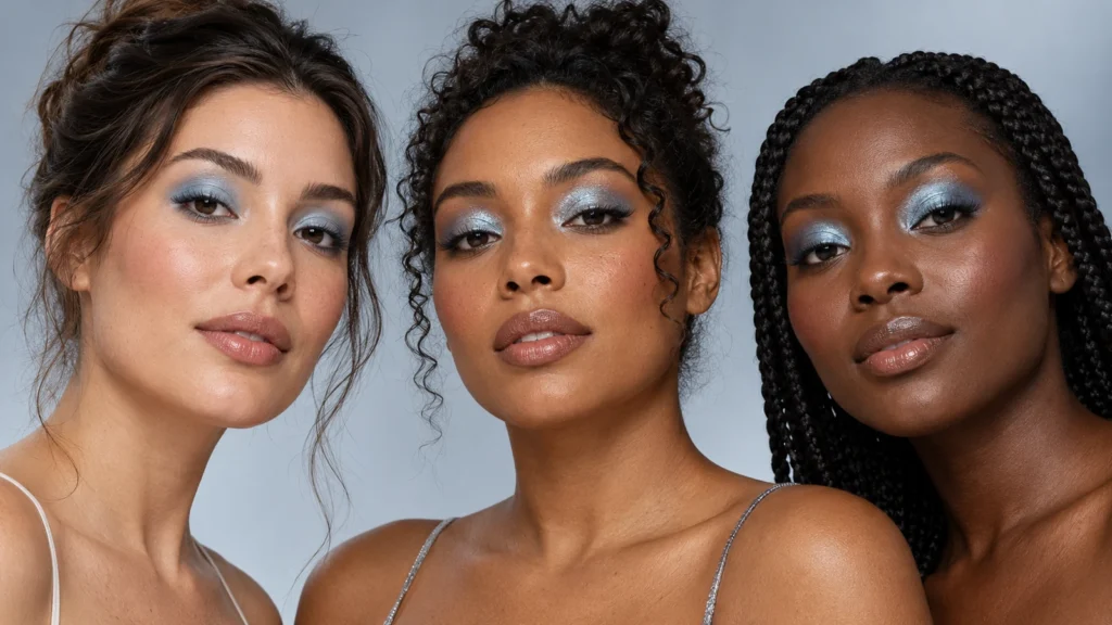 Sombra azul-gelo em mulheres com diferentes tons de pele