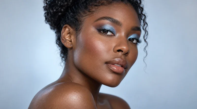 Mulher negra com sombra azul-gelo perolada e maquiagem luminosa