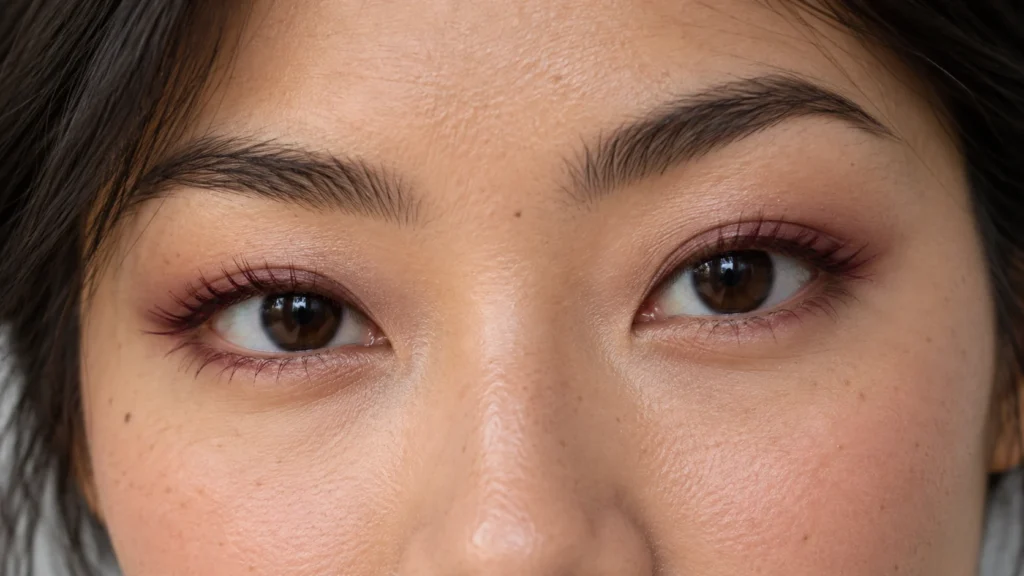 sombra vinho esfumada e rímel vinho em maquiagem leve para os olhos