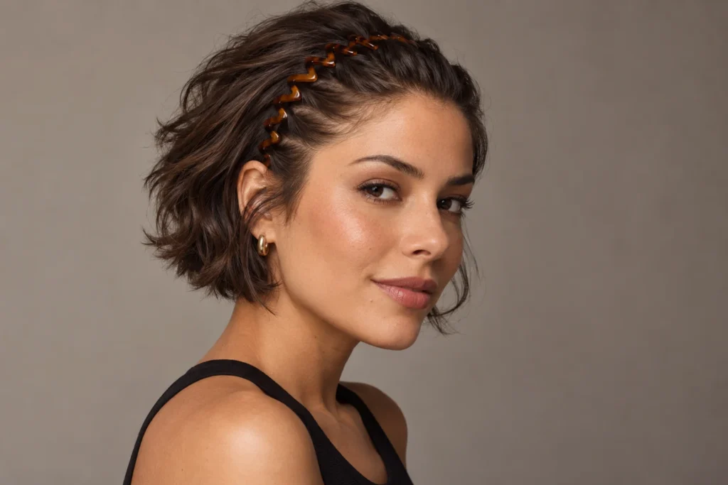 Tiara zig-zag em cabelo curto com acabamento moderno.
