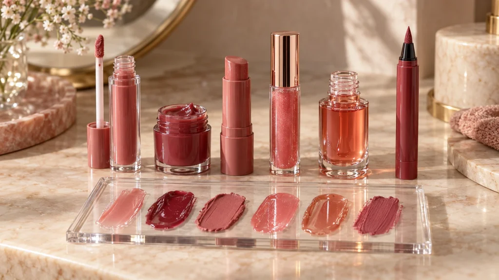 tipos de lip tint líquido, em gel, cremoso, gloss, óleo e caneta