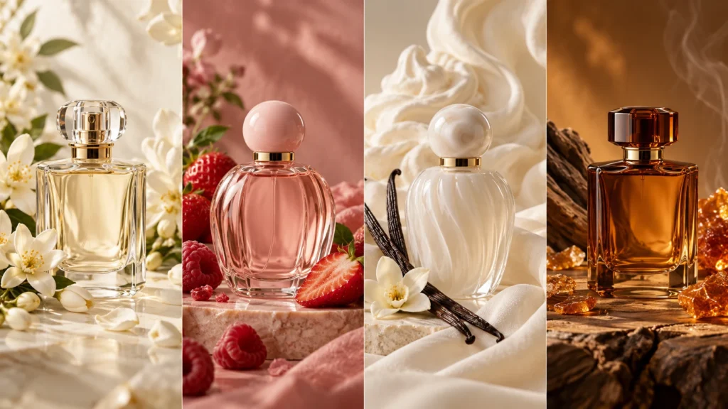 quatro interpretações do perfume marshmallow em versões floral, frutada, cremosa e tostada