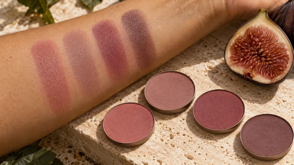amostras de blush figo em rosa queimado, malva, berry e ameixa