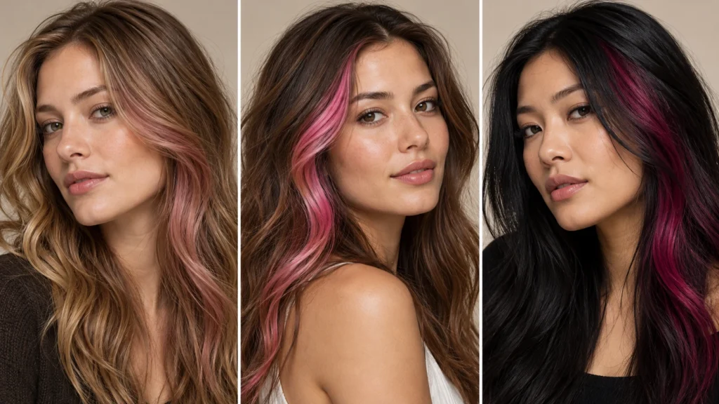 comparação entre mecha rosa antigo, pink e fúcsia em diferentes cores de cabelo