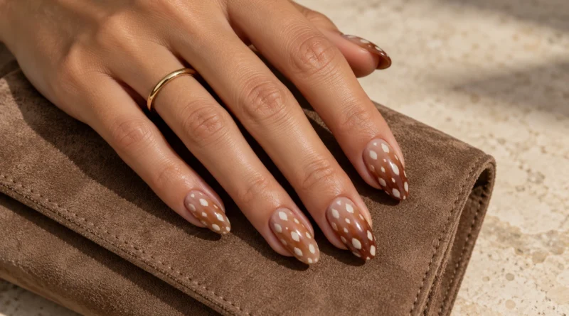 Unhas Bambi com degradê marrom e manchas brancas irregulares