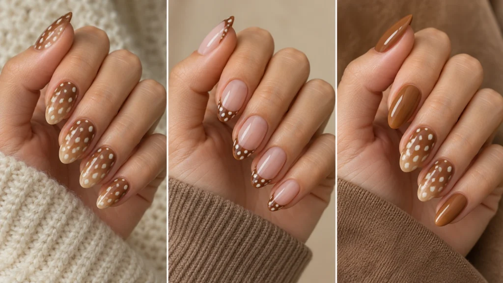 As unhas Bambi transformam o animal print em uma manicure marrom delicada Unhas Bambi completas, em francesinha e como detalhe