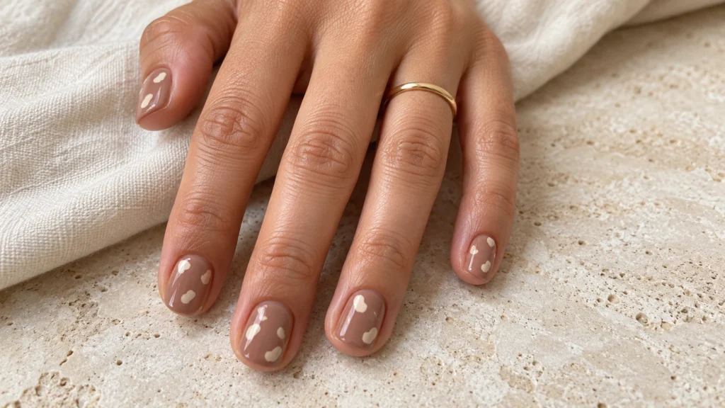 As unhas Bambi transformam o animal print em uma manicure marrom delicada Unhas Bambi curtas em café com leite e manchas claras