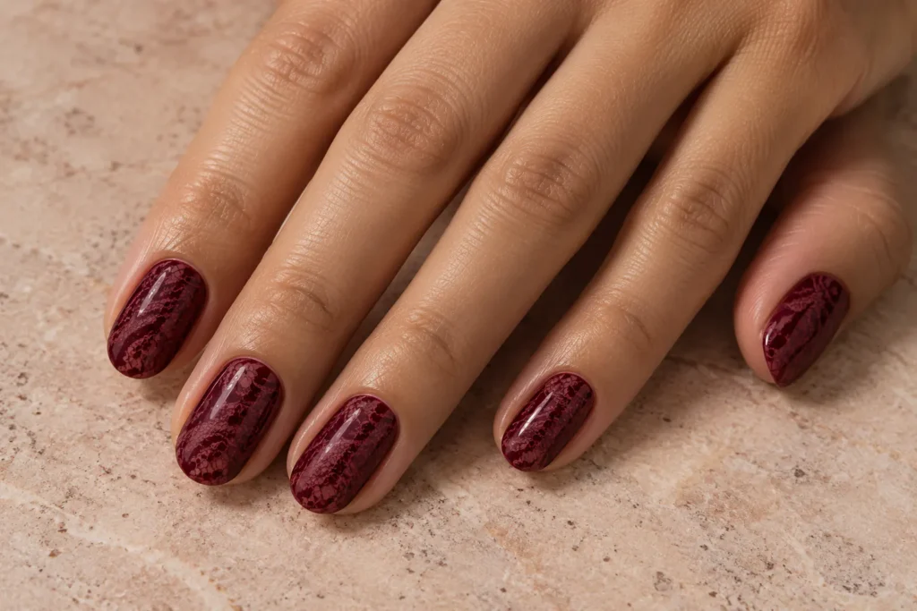 Unhas de renda: a nail art delicada que transforma desenhos em bordados Unhas de renda em tons de vinho com decoração delicada tom sobre tom.