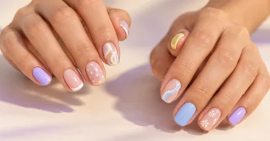 Unhas diferentes em cada dedo com cores e desenhos harmonizados